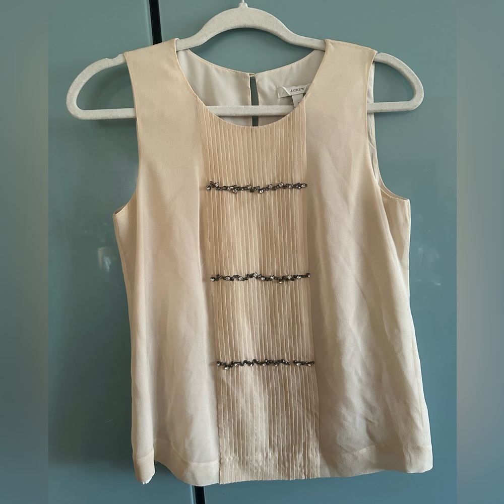 J. Crew Cream Sleeveless Pleated Front Beaded Camisole